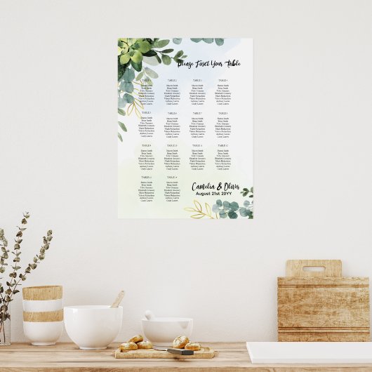 14テーブル結婚のシーティングチャート緑のユーカリ ポスター (キッチン)