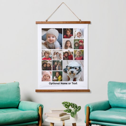 14フォトコラージモンタージュと文字 – ホワイト編集可能 吊り下げ型タペストリー (リビング)