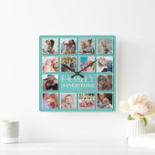 14フォトコラージュのファミリー名ティール（緑がかった色） スクエア壁時計 (ホーム)