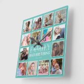 14フォトコラージュのファミリー名ティール（緑がかった色） スクエア壁時計 (傾斜)