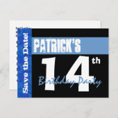 14モダン番目の誕生日日付の保存ブラックブルーV14A 案内ポストカード (正面/裏面)