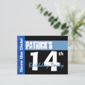 14モダン番目の誕生日日付の保存ブラックブルーV14A 案内ポストカード (スタンド正面)