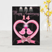 14周年記念結婚ピンクハートラブバード カード (黄色い花)