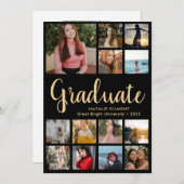 14年卒業：フォトコラージュブラック&金ゴールド卒業 招待状 (正面/裏面)