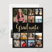 14年卒業:フォトコラージュブラック&金ゴールド卒業 案内ポストカード (正面/裏面)