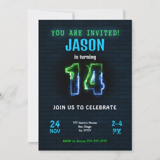 14歳の男の子の誕生日招待状 招待状 (正面)