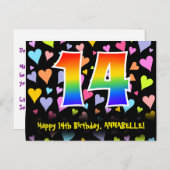 14歳の誕生日おめでとう:楽しいハート柄、虹色の14 ポストカード (正面/裏面)