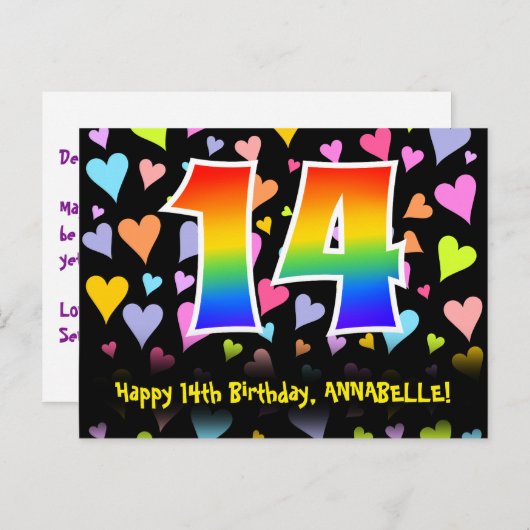14歳の誕生日おめでとう:楽しいハート柄、虹色の14 ポストカード (正面/裏面)