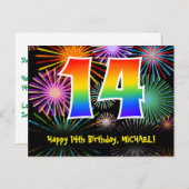 14歳の誕生日おめでとう - 楽しい花火模様 + レインボー14 ポストカード (正面/裏面)
