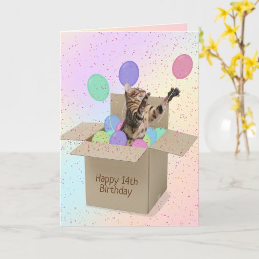 14歳の誕生日のための箱入りベンガル猫 カード (黄色い花)