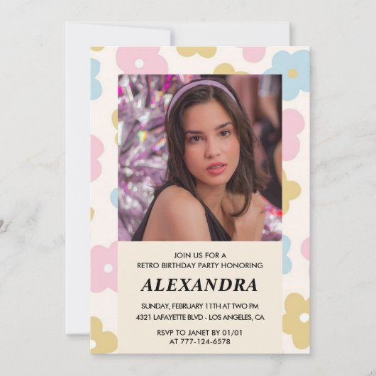 14歳の誕生日の招待レトロGroovy花かわいい 招待状 (正面)