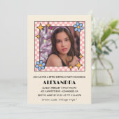 14歳の誕生日の招待レトロGroovy Blueフローラ 招待状 (スタンド正面)