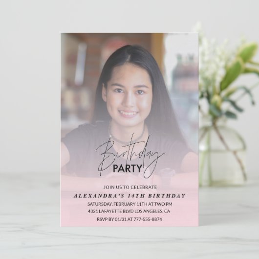 14歳の誕生日の招待Birthday Partyフォトピンク 招待状 (スタンド正面)