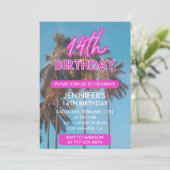 14歳の誕生日を迎える夏のピンクのヤシの木 招待状 (スタンド正面)