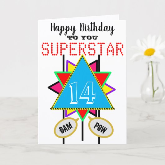 14歳の誕生日スーパースター青色（年齢指定可能） カード (小さな植物)