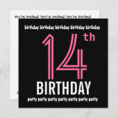 14歳の誕生日パーティーの招待テンプレートピンクブラック 招待状 (正面/裏面)