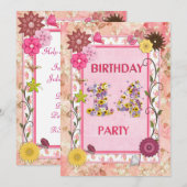 14歳の誕生日パーティーの招待状(花のフレーム付き) 招待状 (正面/裏面)