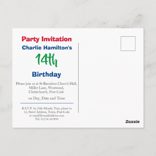 14歳の誕生日パーティー招待状 ポストカード (裏面)