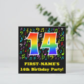 14歳の誕生日パーティー:おもしろいミュージックシンボル,レインボー14 招待状 (スタンド正面)