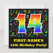 14歳の誕生日パーティー:おもしろいミュージックシンボル,レインボー14 招待状 (正面)
