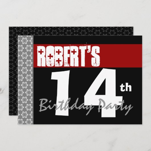 14歳の誕生日パーテモダンィー赤と白の2D 招待状 (正面/裏面)