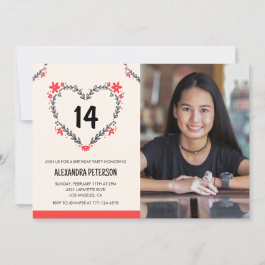 14歳の誕生日招待状のフローラハート 招待状 (正面)