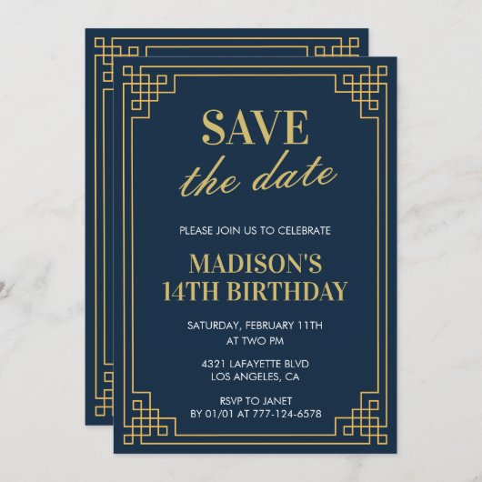 14歳の誕生日招待状ガール日付を保存する海軍 招待状 (正面/裏面)