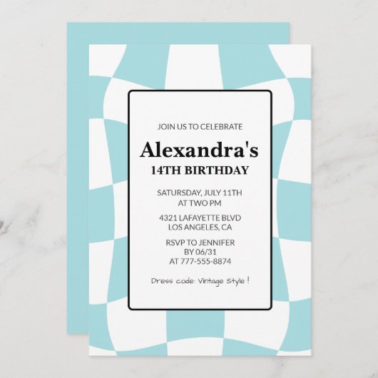 14歳の誕生日招待状レトロブルー 招待状 (正面/裏面)