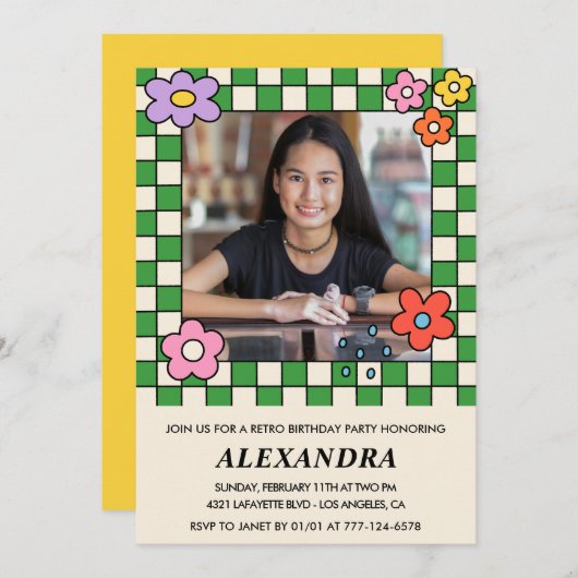 14歳の誕生日招待状レトロGroovy花 招待状 (正面/裏面)