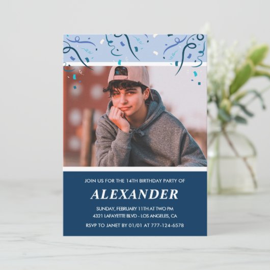 14歳の誕生日招待状写真ネイビーブルー 招待状 (スタンド正面)