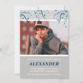 14歳の誕生日招待状少年紙吹雪フォトブルー 招待状 (正面)