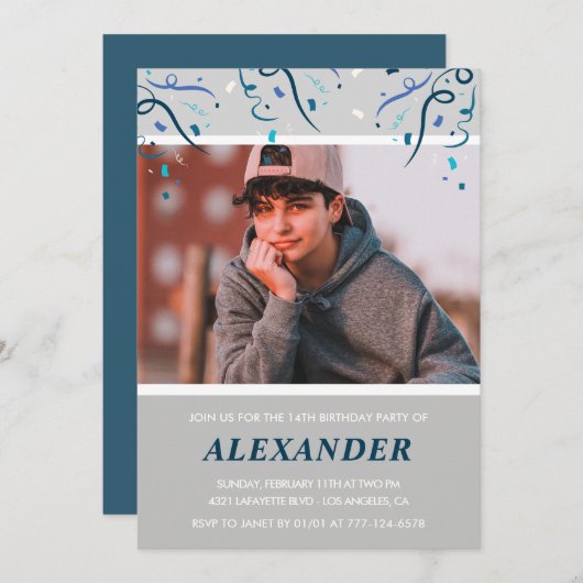 14歳の誕生日招待状少年紙吹雪フォトブルー 招待状 (正面/裏面)