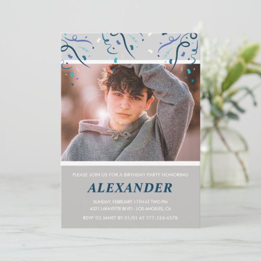 14歳の誕生日招待状少年紙吹雪写真海軍 招待状 (スタンド正面)