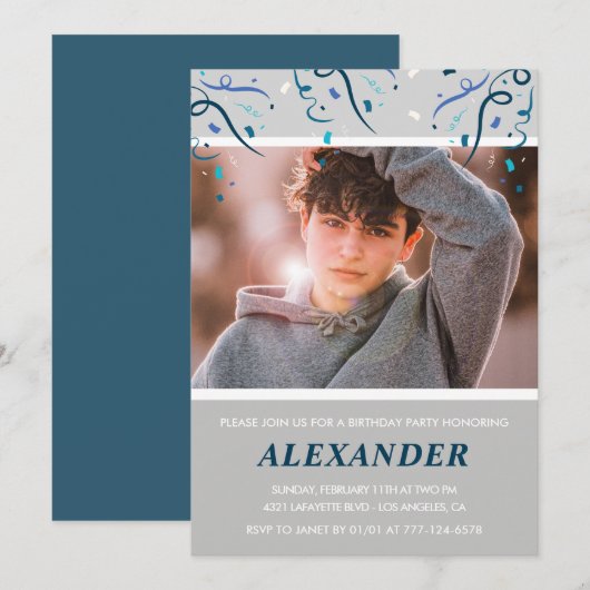 14歳の誕生日招待状 男の子 コンフェッティ フォト ネイビー 招待状 (正面/裏面)