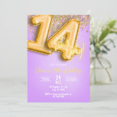 14歳の誕生日招待状 紫のラメ入り 招待状 (スタンド正面)