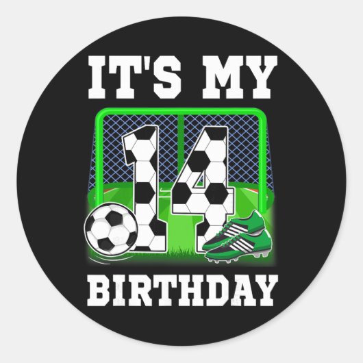 14歳の誕生日 サッカー テーマ 男子 ラウンドシール (正面)