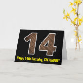 14歳の誕生日:名前 + 偽の木目模様の「14」 カード (黄色い花)