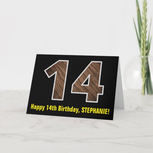 14歳の誕生日:名前 + 偽の木目模様の「14」 カード (正面)