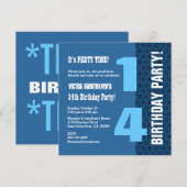 14歳の誕生日 現代のネイビーブルーの星 T7A 招待状 (正面/裏面)