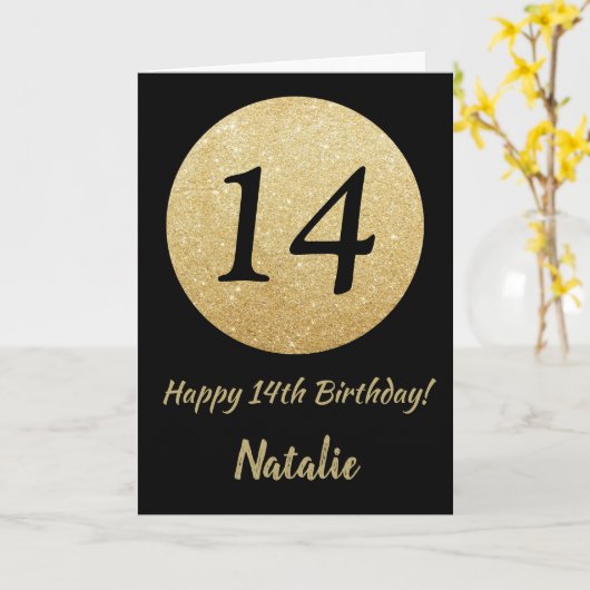 14番目の誕生日ブラックと金ゴールドグリッターカード カード (黄色い花)
