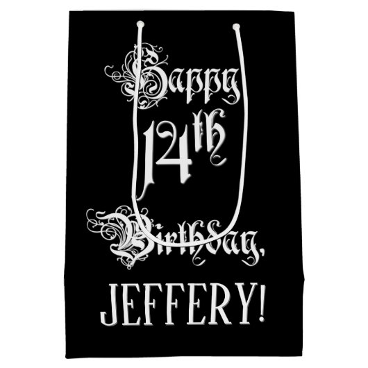 14番目の誕生日: ファンシー、スクリプエレガントト+名前をカスタムする ミディアムペーパーバッグ (裏面)