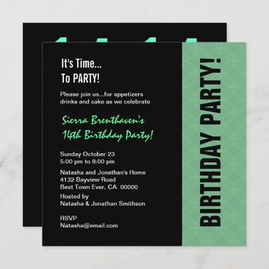 14番目の10代の誕生日ミモダンントおよびブラックW746 招待状 (正面/裏面)