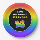 14誕生日カラフル:レインボー# 14,名前をカスタムする ペーパープレート (正面)