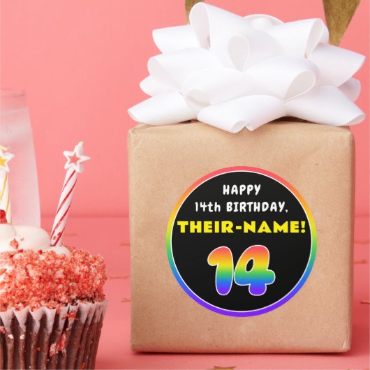 14誕生日カラフル:レインボー# 14,名前をカスタムする ラウンドシール (パーティー)