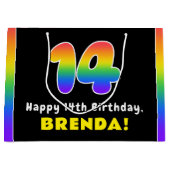 14誕生日カラフル：レインボー# 14,名前をカスタムする ラージペーパーバッグ (正面)