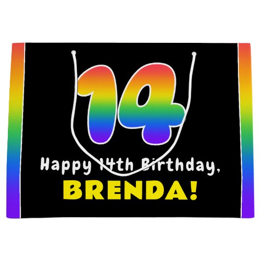 14誕生日カラフル：レインボー# 14,名前をカスタムする ラージペーパーバッグ (正面)