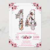14誕生日ガールフォトコラージピンクフラワーホワイト 招待状 (正面/裏面)