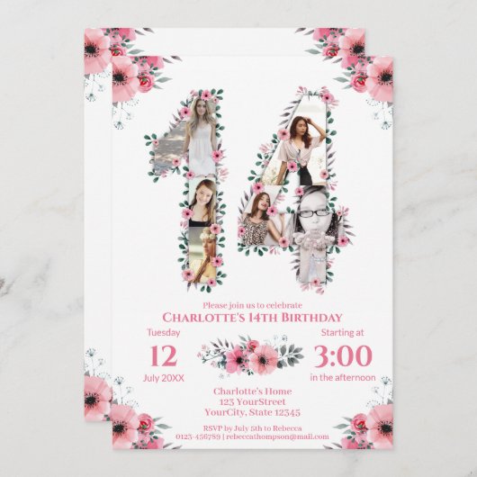 14誕生日ガールフォトコラージピンクフラワーホワイト 招待状 (正面/裏面)