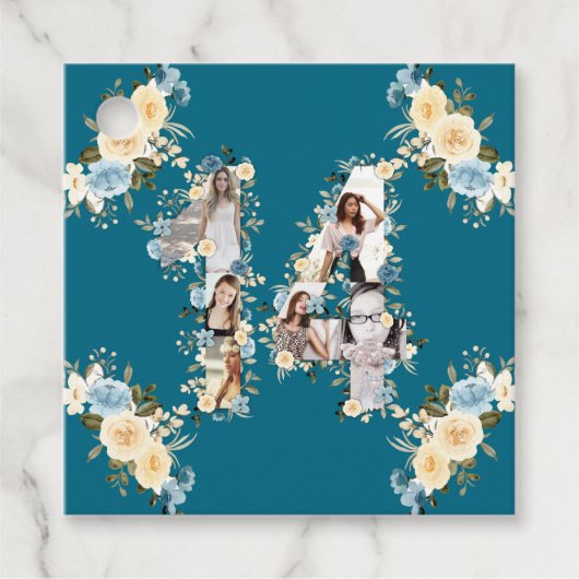 14誕生日ティール(緑がかった色)フォトコラージフラワーイエロー フェイバータグ (正面)