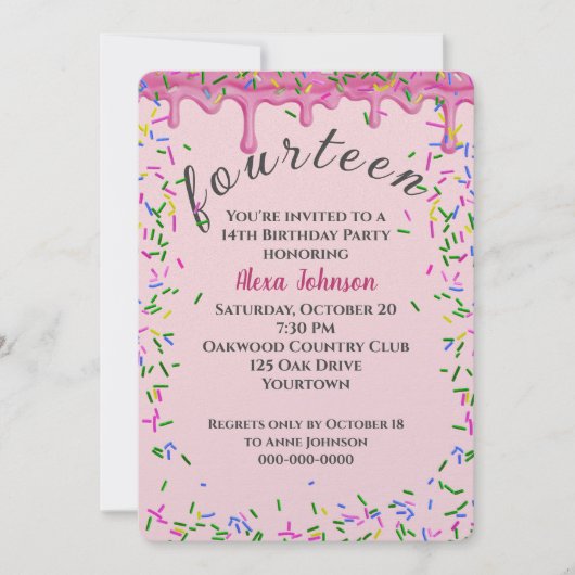 14誕生日ピンク色のアイシングと散水 招待状 (正面)